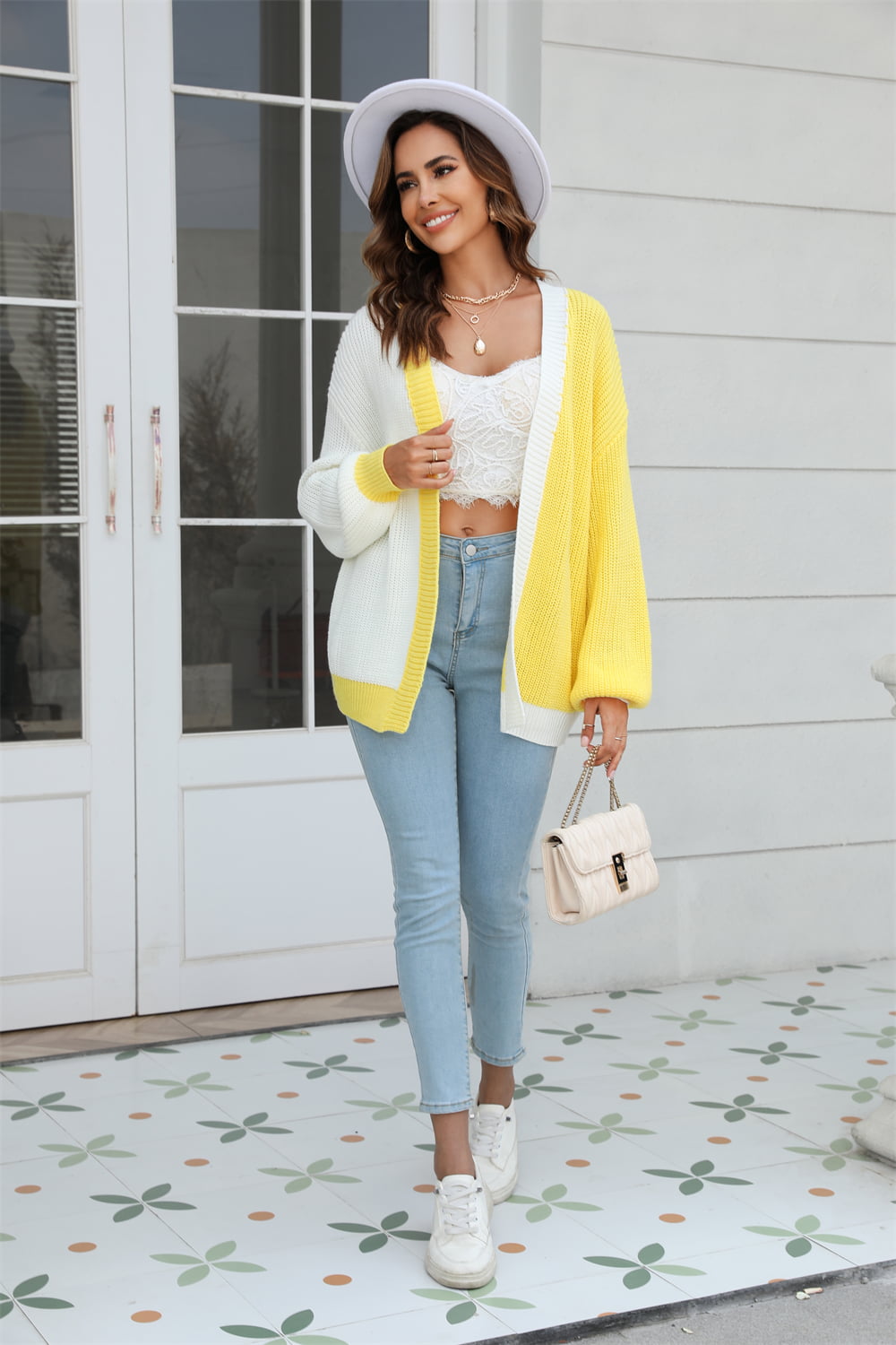 Open Front Contrast Color Balloon Sleeve Cardigan-Angel Casuals