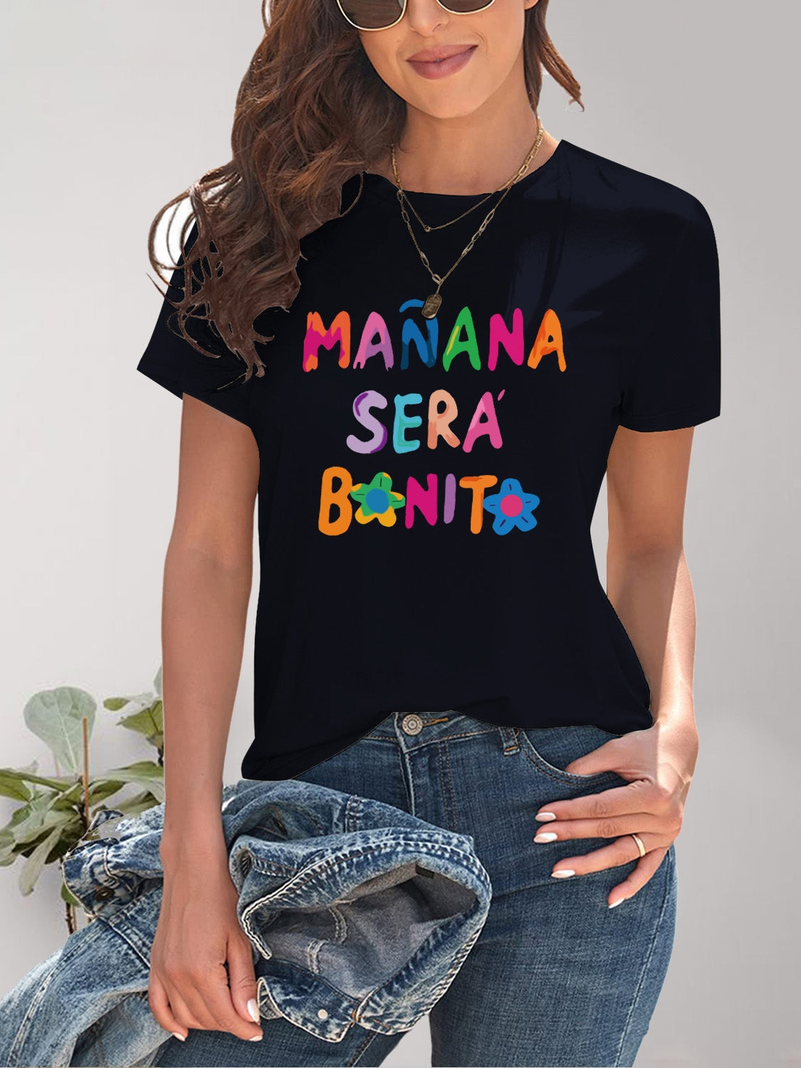 Letter Graphic Round Neck Short Sleeve T-Shirt-Angel Casuals