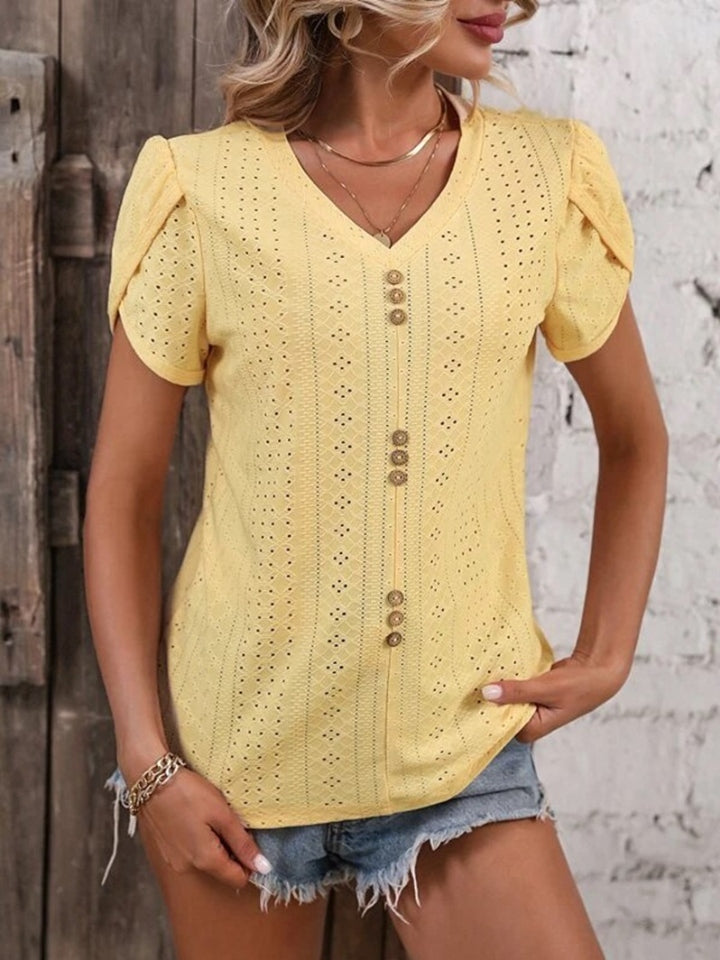 Eyelet V-Neck Petal Sleeve T-Shirt-Angel Casuals