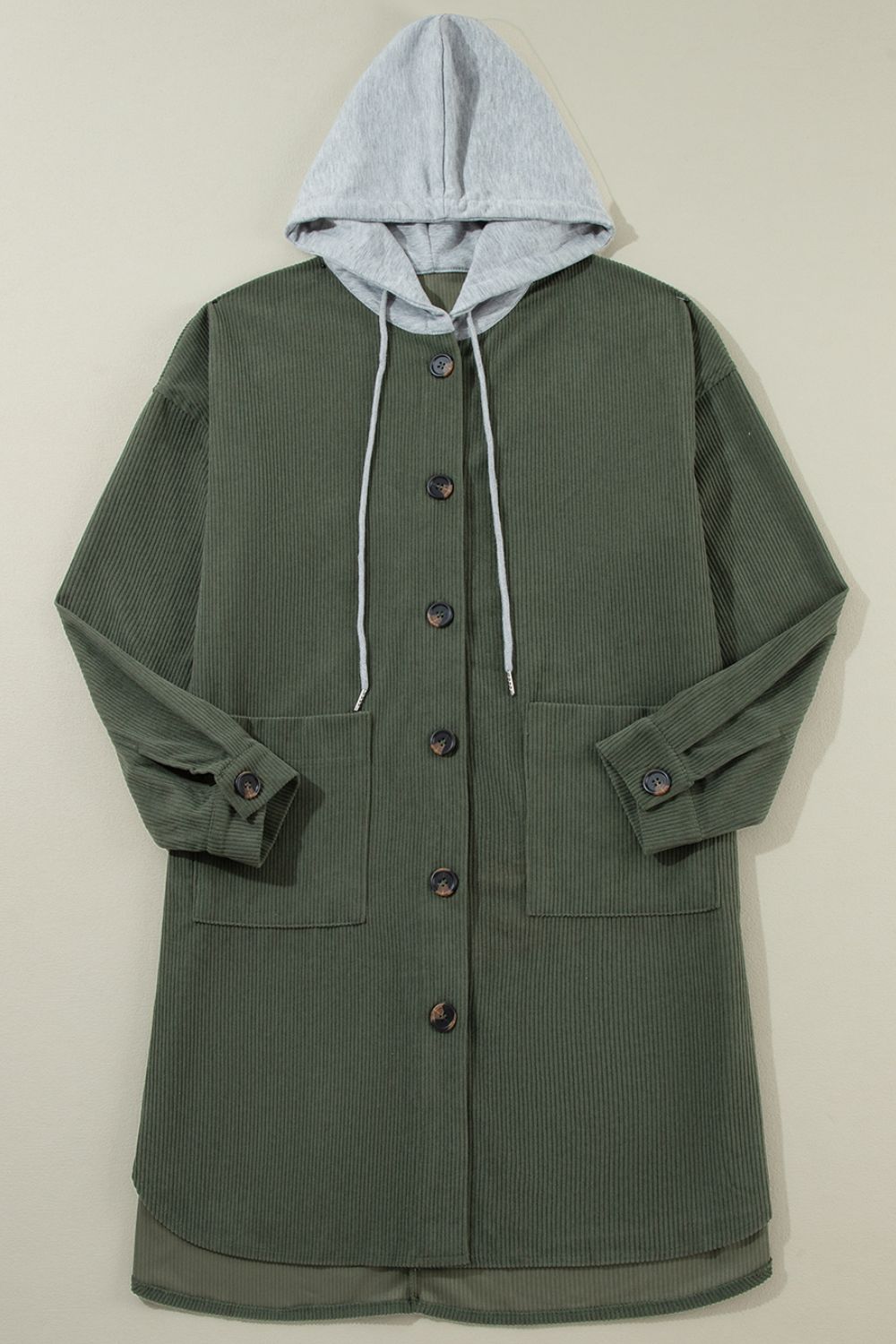 Drawstring Button Up Long Sleeve Hooded Jacket-Angel Casuals