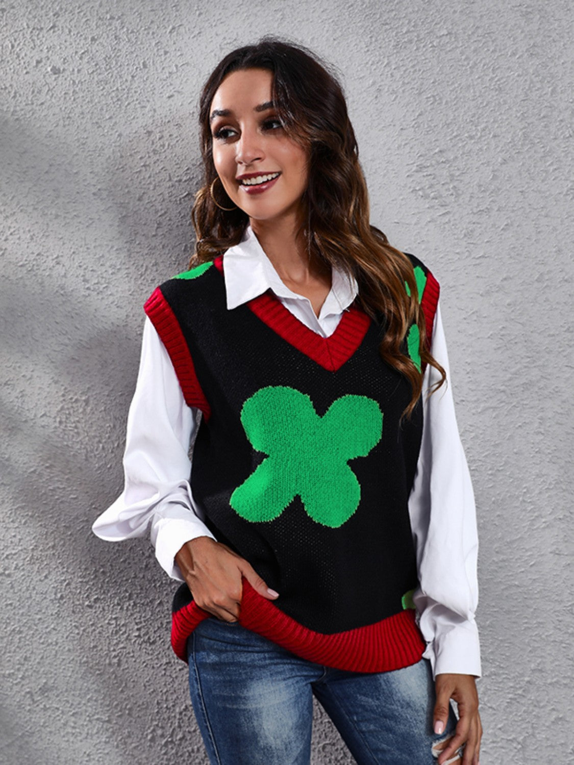 Four Leaf Clover V-Neck Sweater Vest-Angel Casuals
