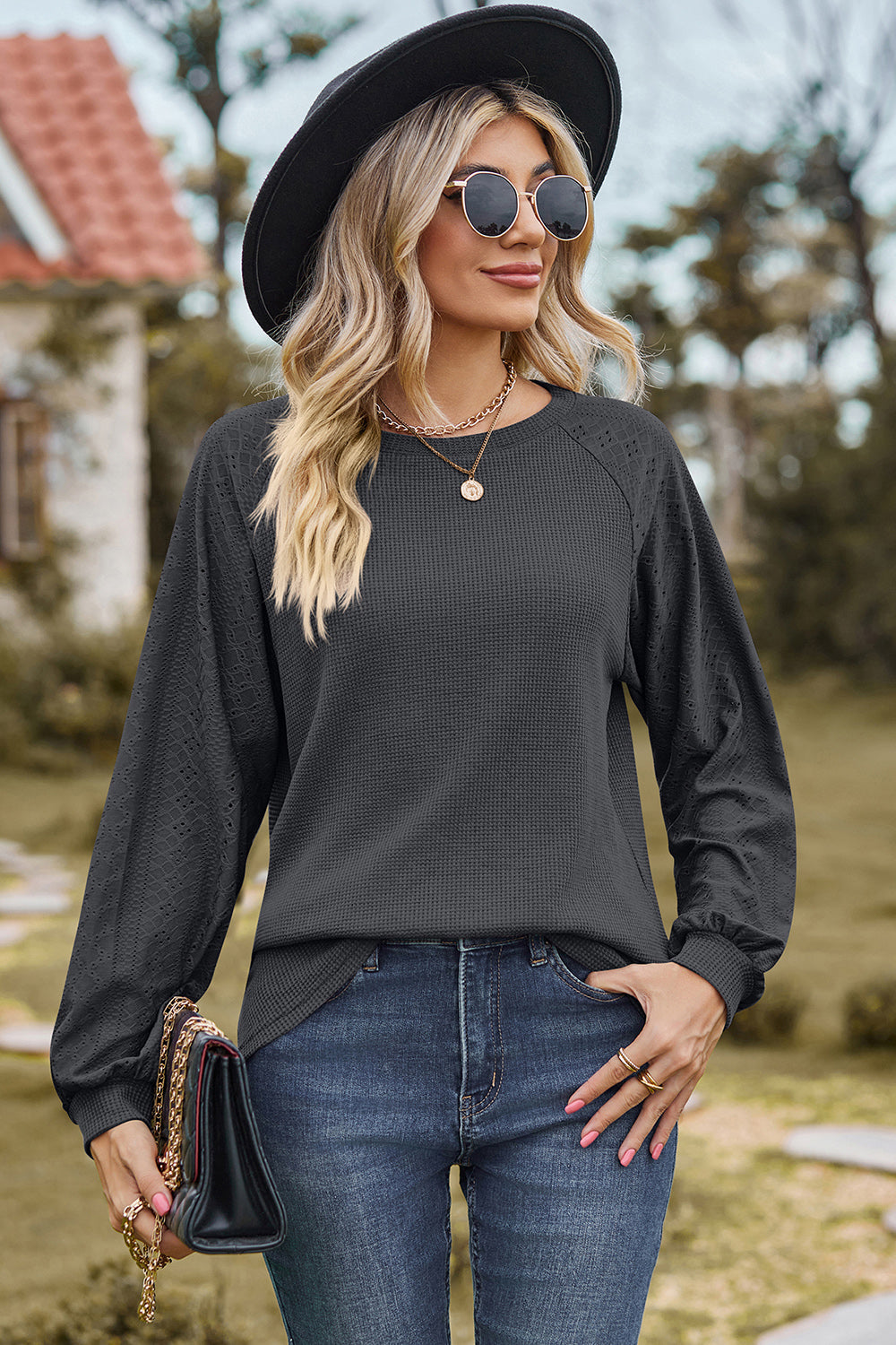 Eyelet Round Neck Long Sleeve T-Shirt-Angel Casuals