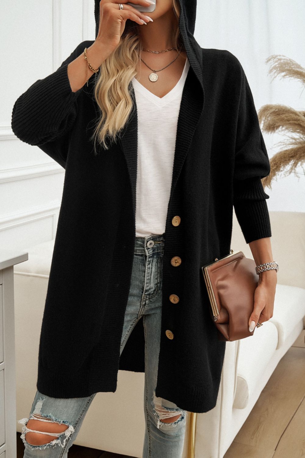 Devine Button Up Long Sleeve Hooded Cardigan-Angel Casuals