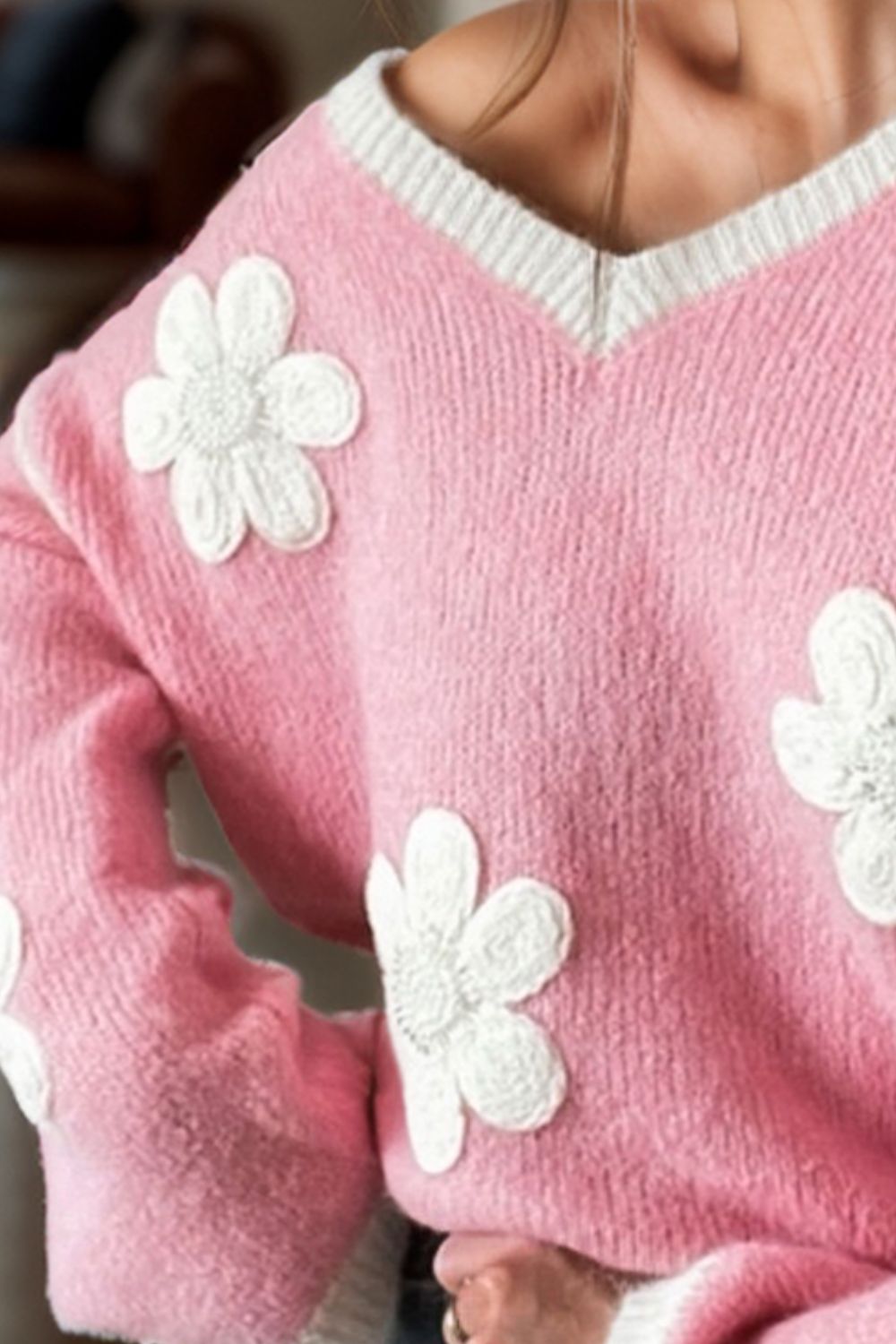 Flower V-Neck Dropped Shoulder Sweater-Angel Casuals