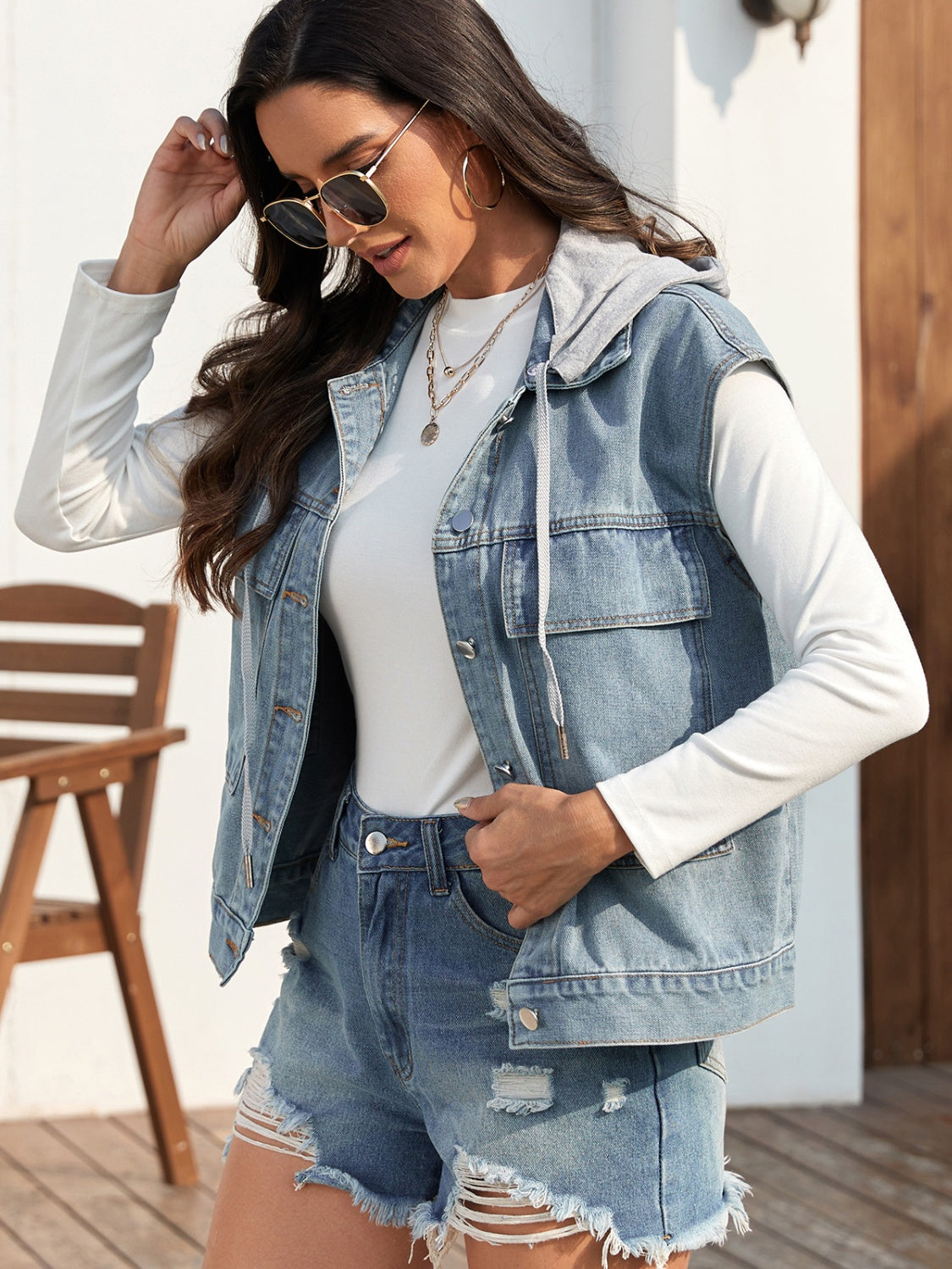 Drawstring Button Up Sleeveless Denim Jacket-Angel Casuals