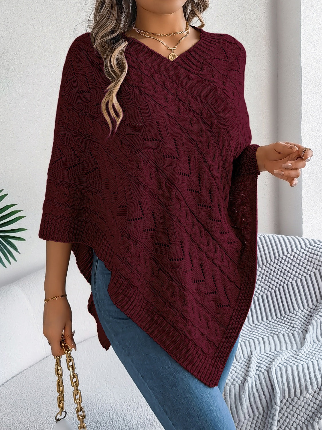 Cable-Knit Openwork Three-Quarter Sleeve Sweater-Angel Casuals