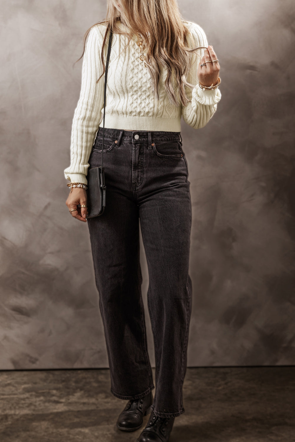 Cable-Knit Round Neck Long Sleeve Sweater-Angel Casuals