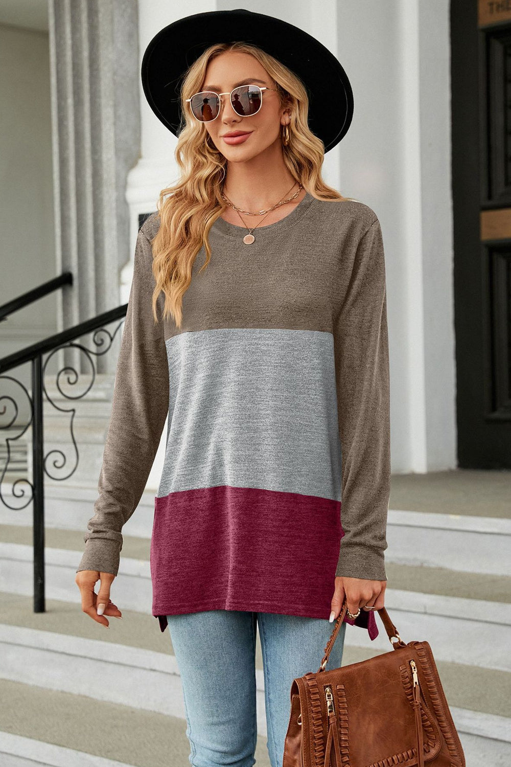 Color Block Round Neck Long Sleeve Slit T-Shirt-Angel Casuals