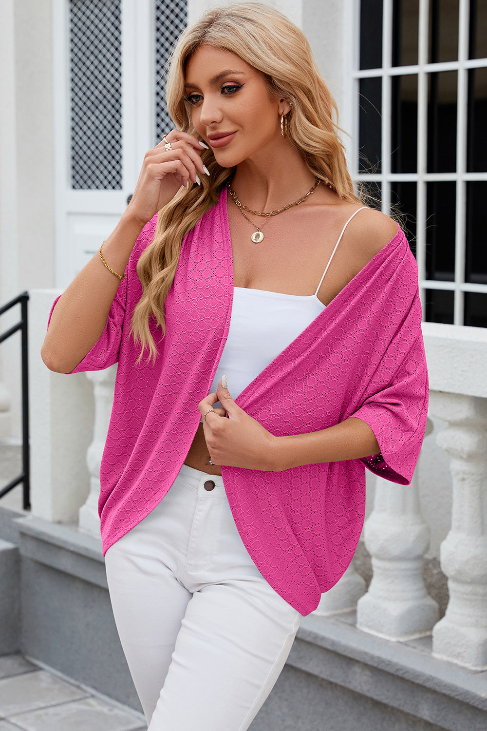 Eyelet Open Front Half Sleeve Cardigan-Angel Casuals