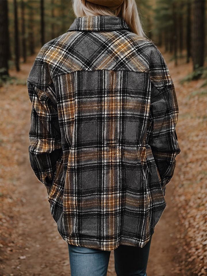 Plaid Snap Down Long Sleeve Shacket-Angel Casuals