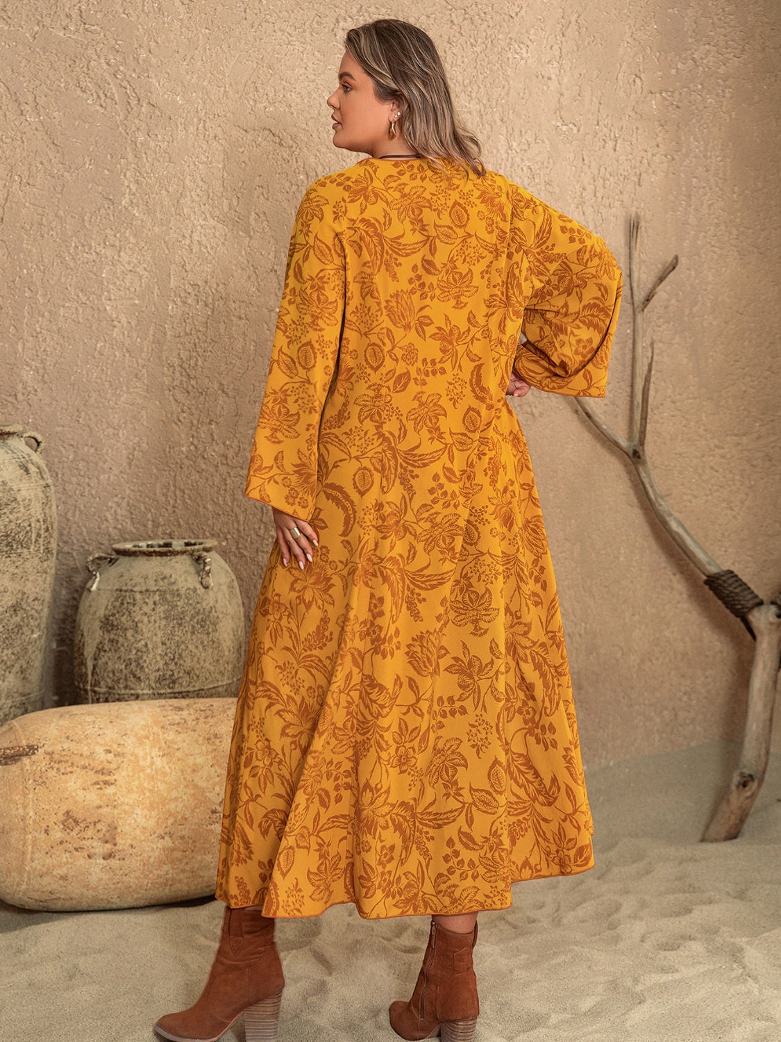Plus Size Printed Slit Long Sleeve Dress-Angel Casuals