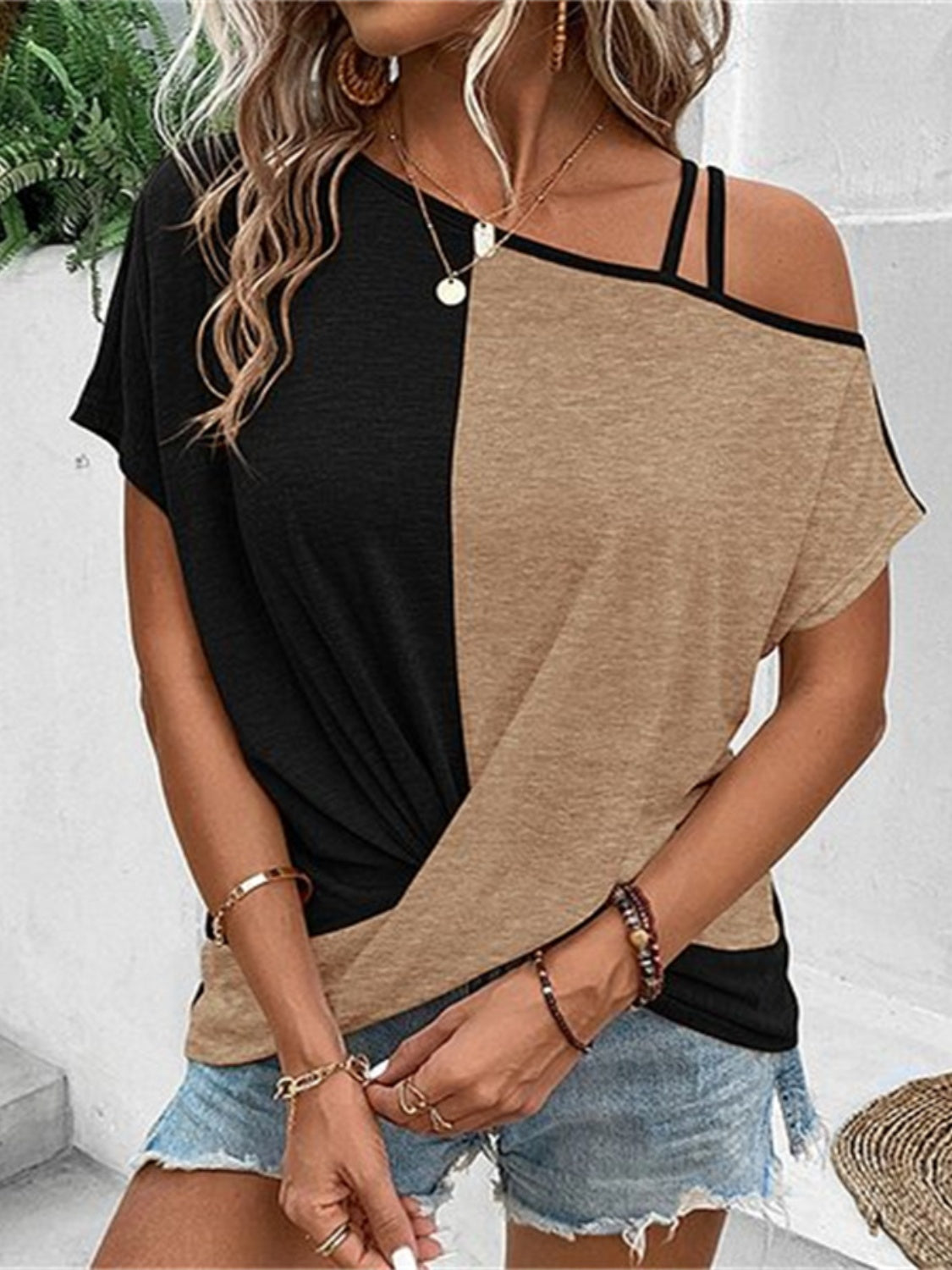 Contrast Asymmetrical Neck Short Sleeve T-Shirt-Angel Casuals