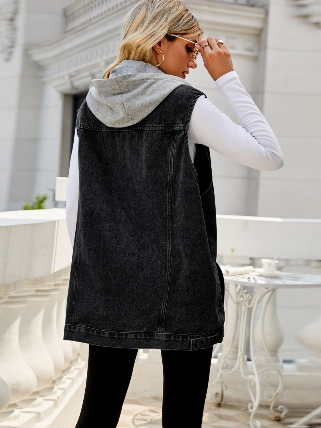 Drawstring Pocketed Button Up Sleeveless Denim Jacket-Angel Casuals