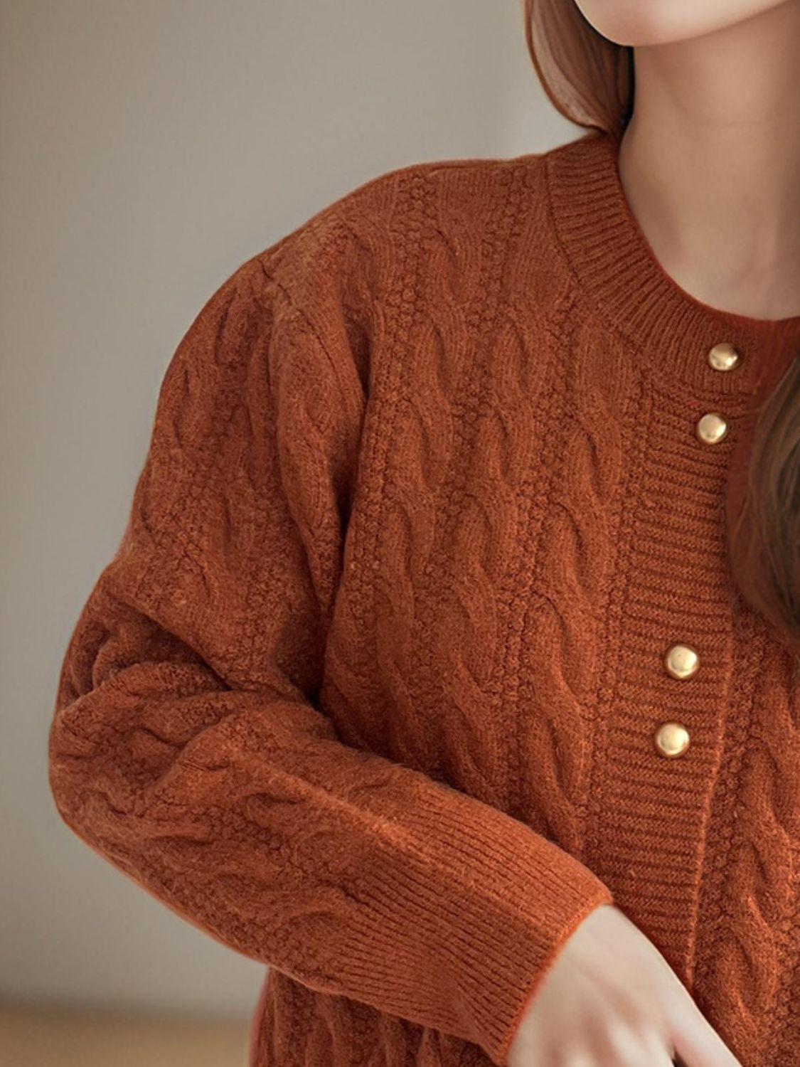 Cable-Knit Round Neck Long Sleeve Cardigan-Angel Casuals