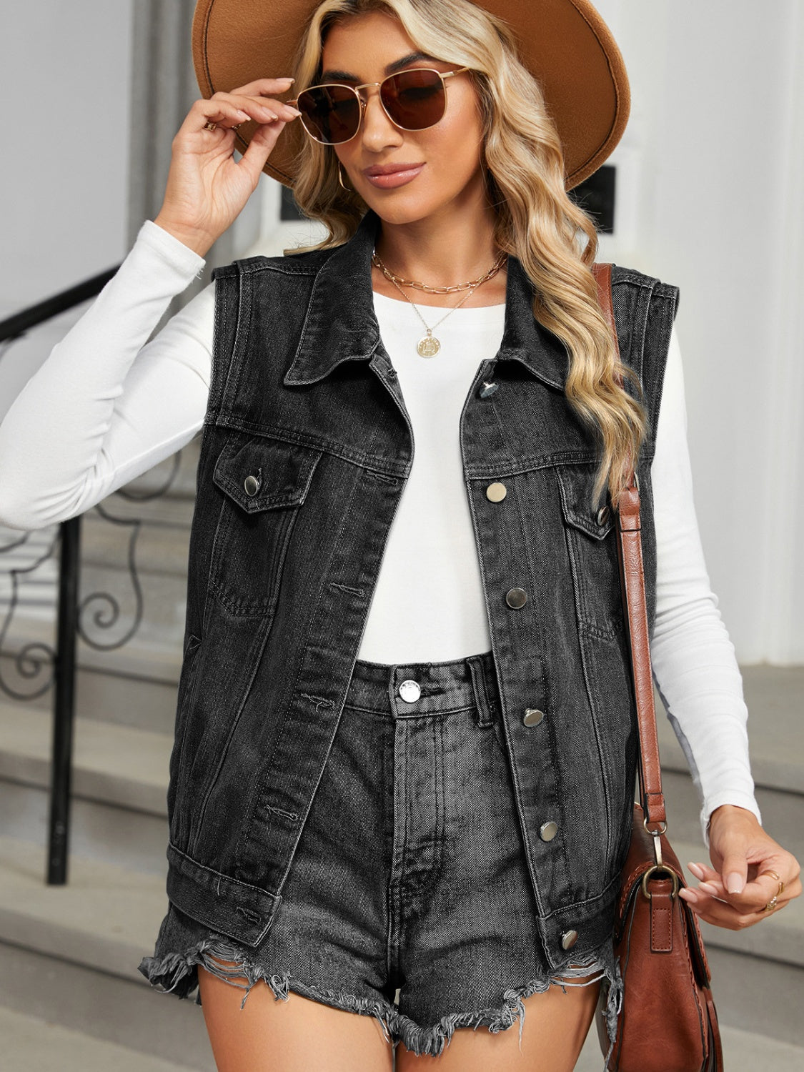 Pocketed Button Up Sleeveless Denim Jacket-Angel Casuals