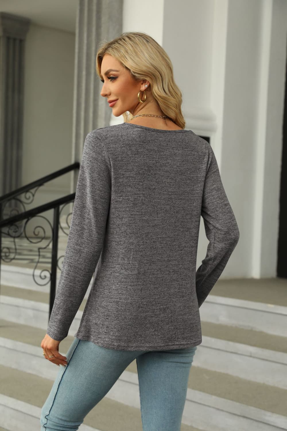 Square Neck Long Sleeve Slit T-Shirt-Angel Casuals