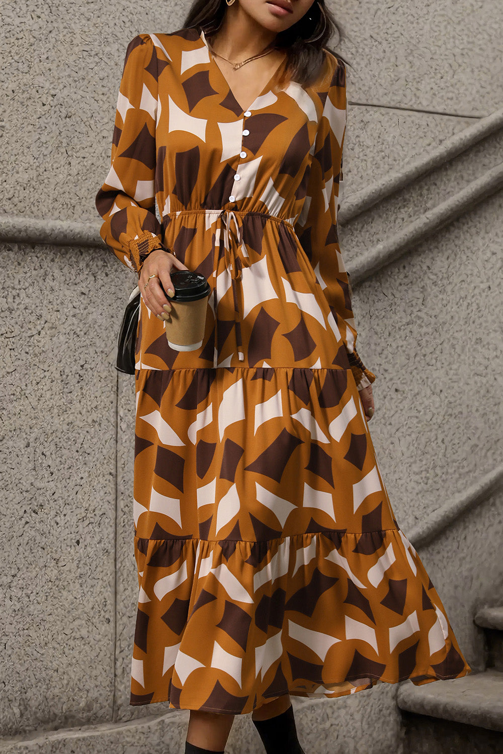 Printed Tied Pocketed Lantern Sleeve Dress-Angel Casuals