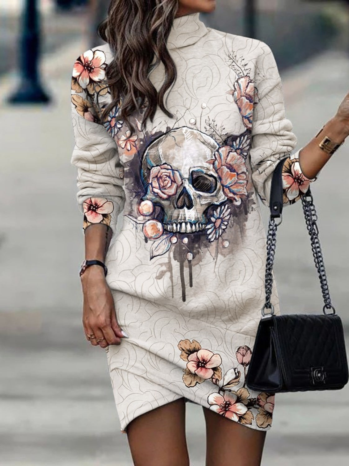Printed Turtleneck Long Sleeve Mini Dress-Angel Casuals