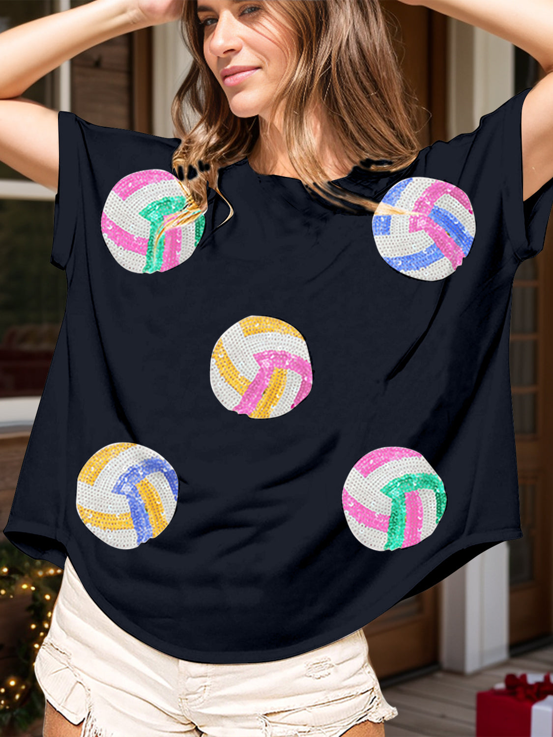 Sequin Round Neck Short Sleeve T-Shirt-Angel Casuals