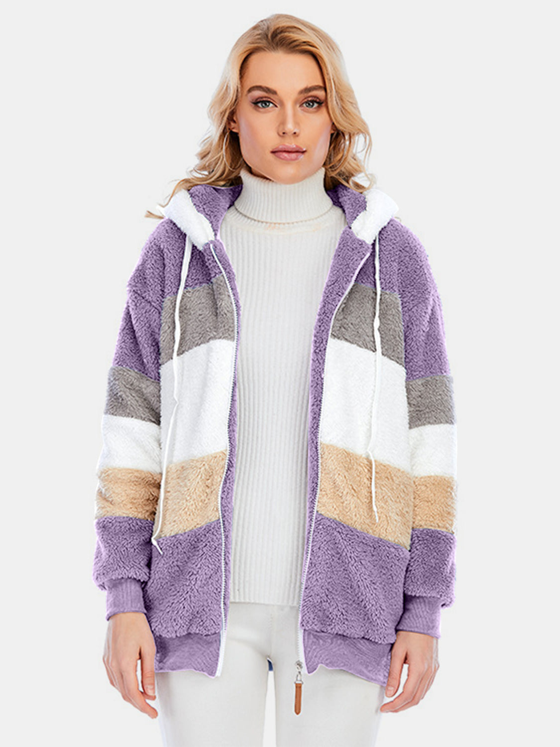 Full Size Drawstring Color Block Zip Up Hooded Outerwear-Angel Casuals