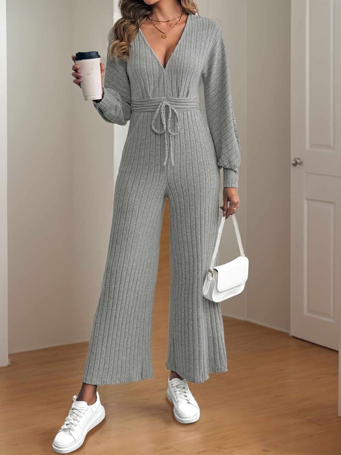 V-Neck Long Sleeve Wide Leg Jumpsuit-Angel Casuals