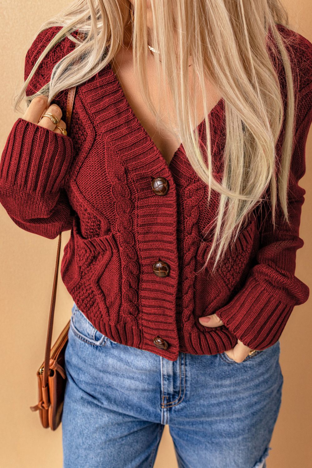 Cable-Knit Button Down V-Neck Cardigan-Angel Casuals