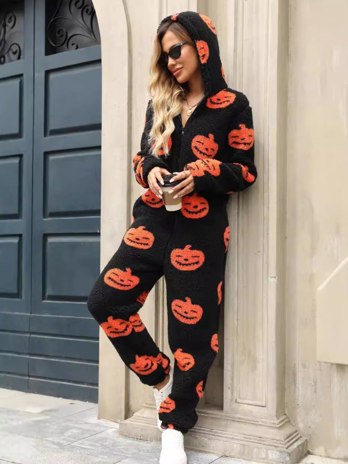 Fuzzy Pumpkin Half Zip Hooded Jumpsuit-Angel Casuals
