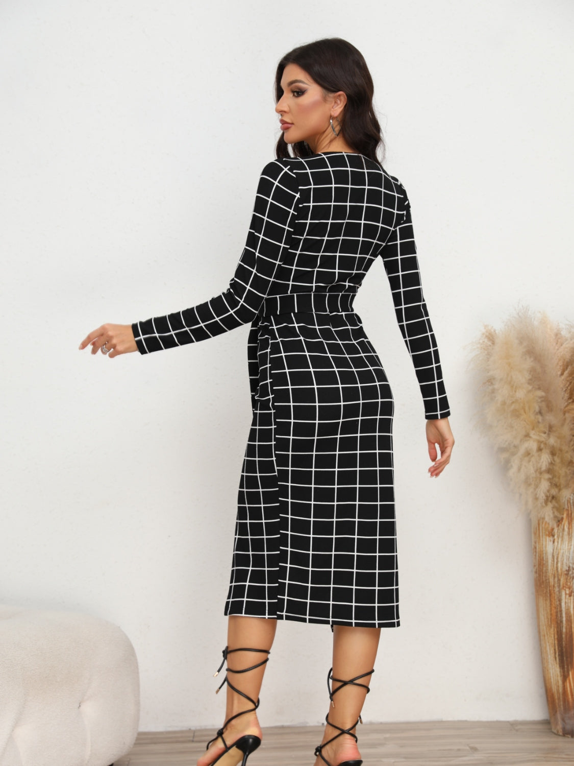 Plaid Long Sleeve Slit Dress-Angel Casuals
