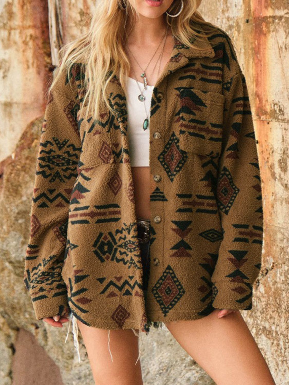 Geometric Button Up Long Sleeve Sherpa Jacket-Angel Casuals