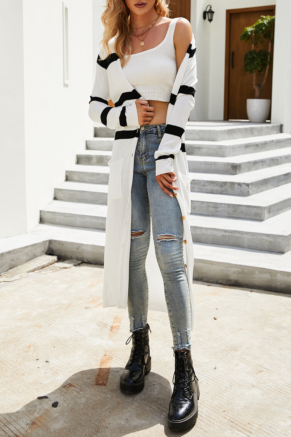 Pocketed Striped Button Up Cardigan-Angel Casuals