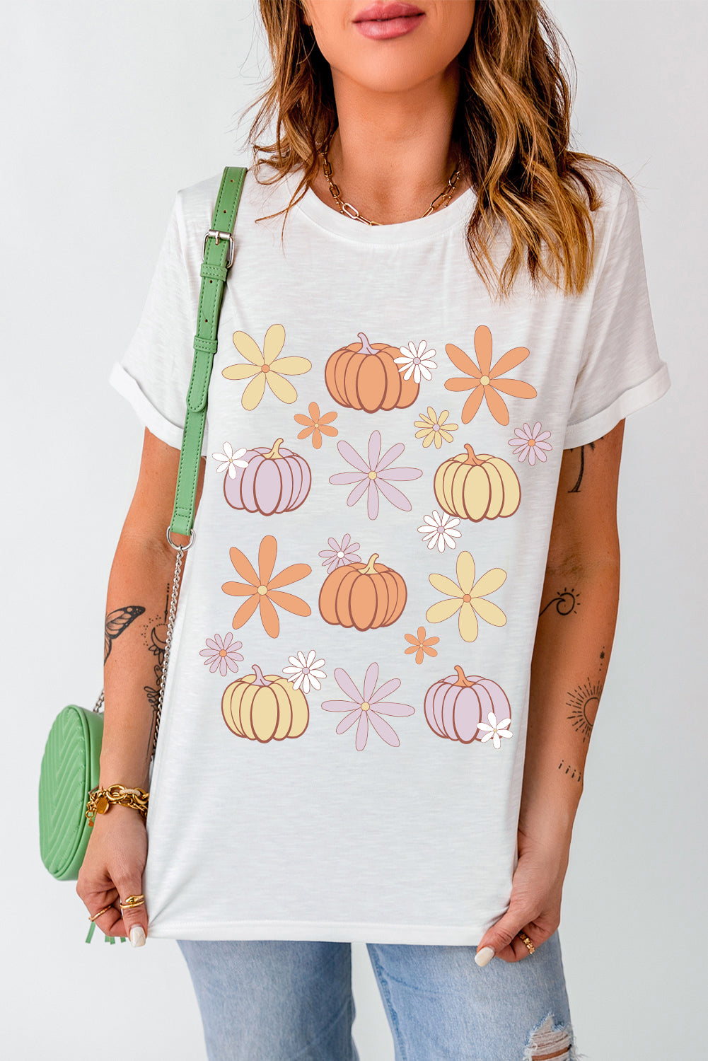 Pumpkin & Flower Round Neck Short Sleeve T-Shirt-Angel Casuals