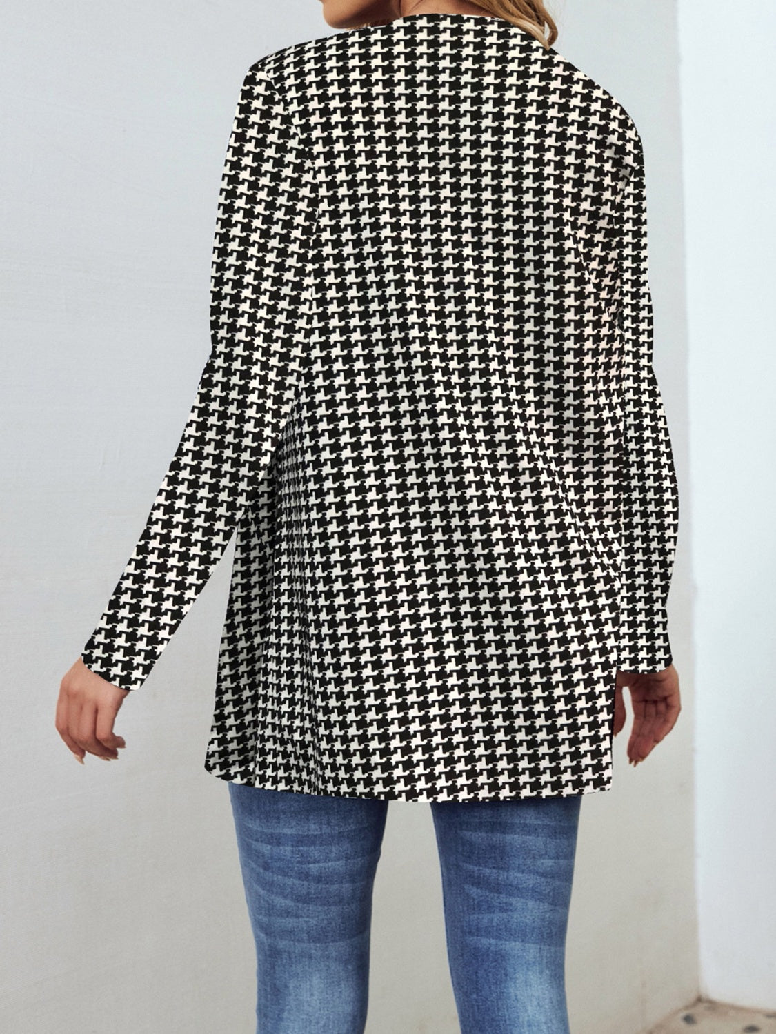 Houndstooth Open Front Long Sleeve Jacket-Angel Casuals