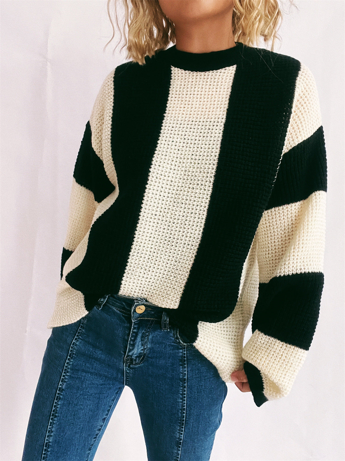 Color Block Round Neck Long Sleeve Sweater-Angel Casuals