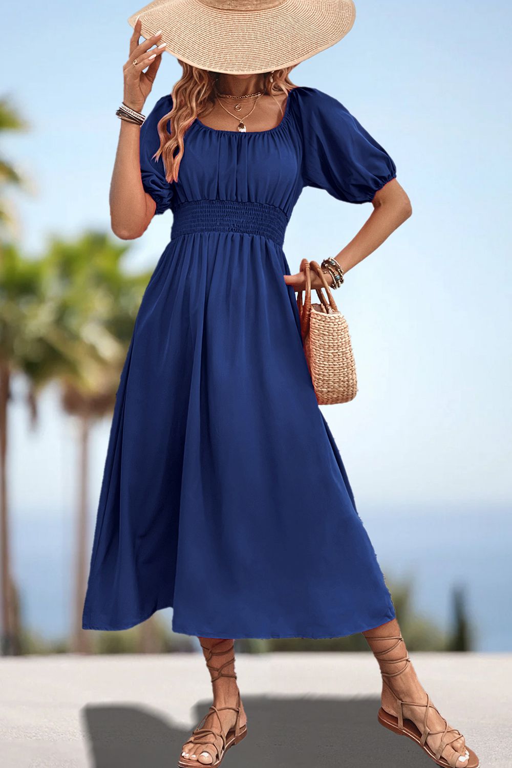 Square Neck Smocked Waist Puff Sleeve Midi Dress-Angel Casuals