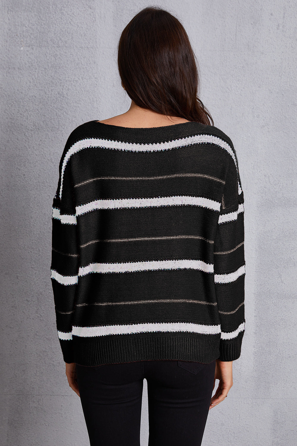 Striped Round Neck Dropped Shoulder Sweater-Angel Casuals