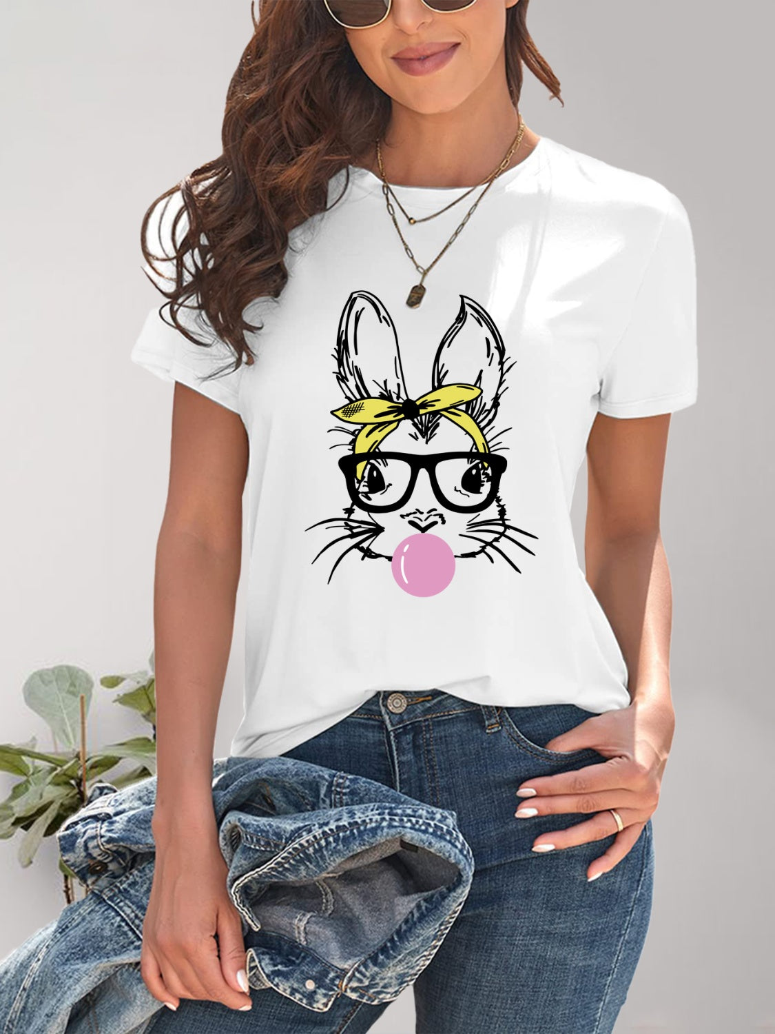 Rabbit Graphic Round Neck Short Sleeve T-Shirt-Angel Casuals