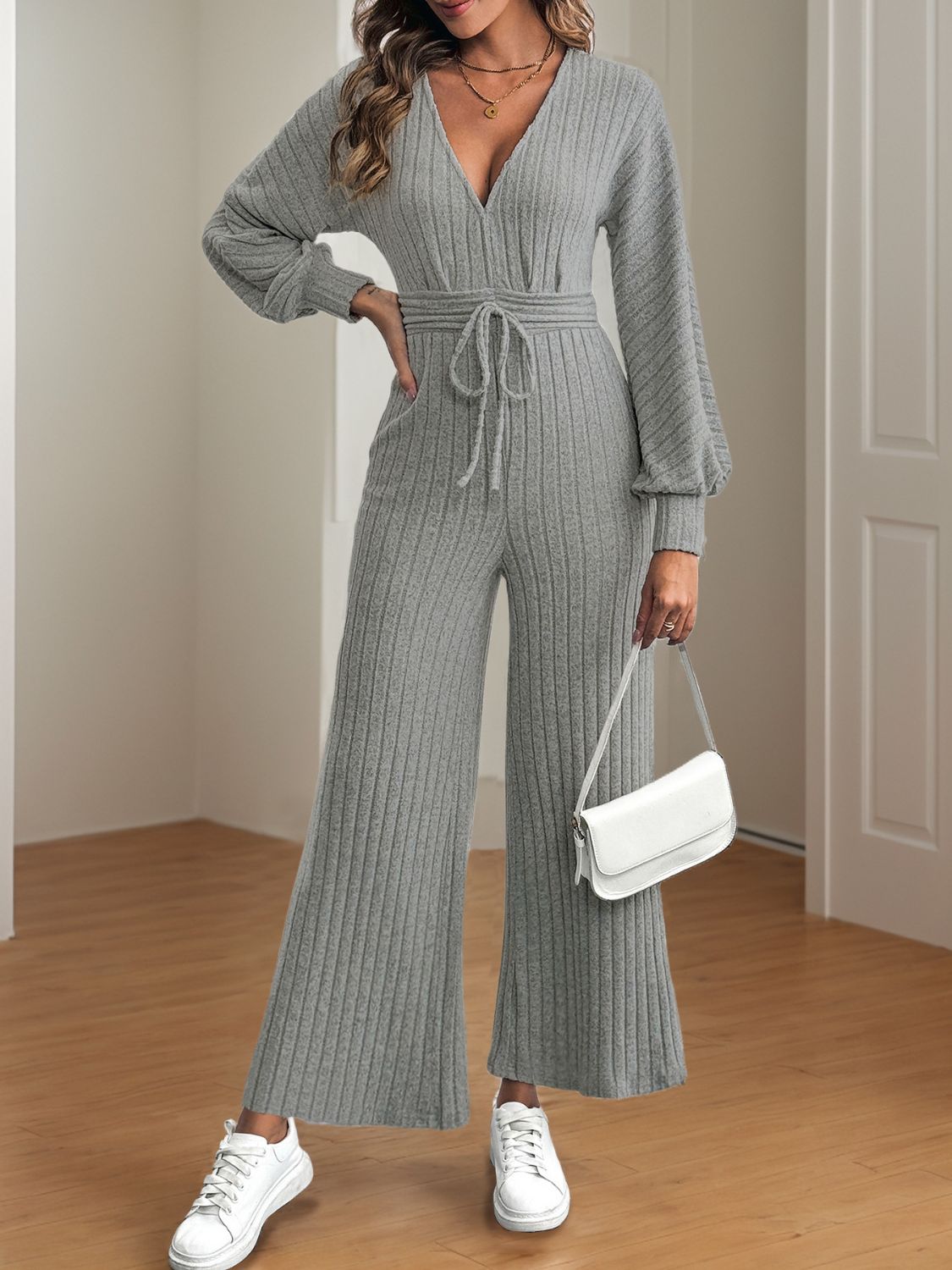 V-Neck Long Sleeve Wide Leg Jumpsuit-Angel Casuals