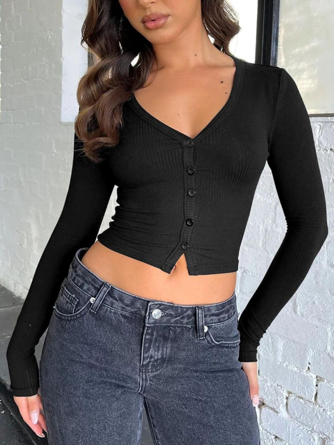 Buttoned V-Neck Long Sleeve T-Shirt-Angel Casuals