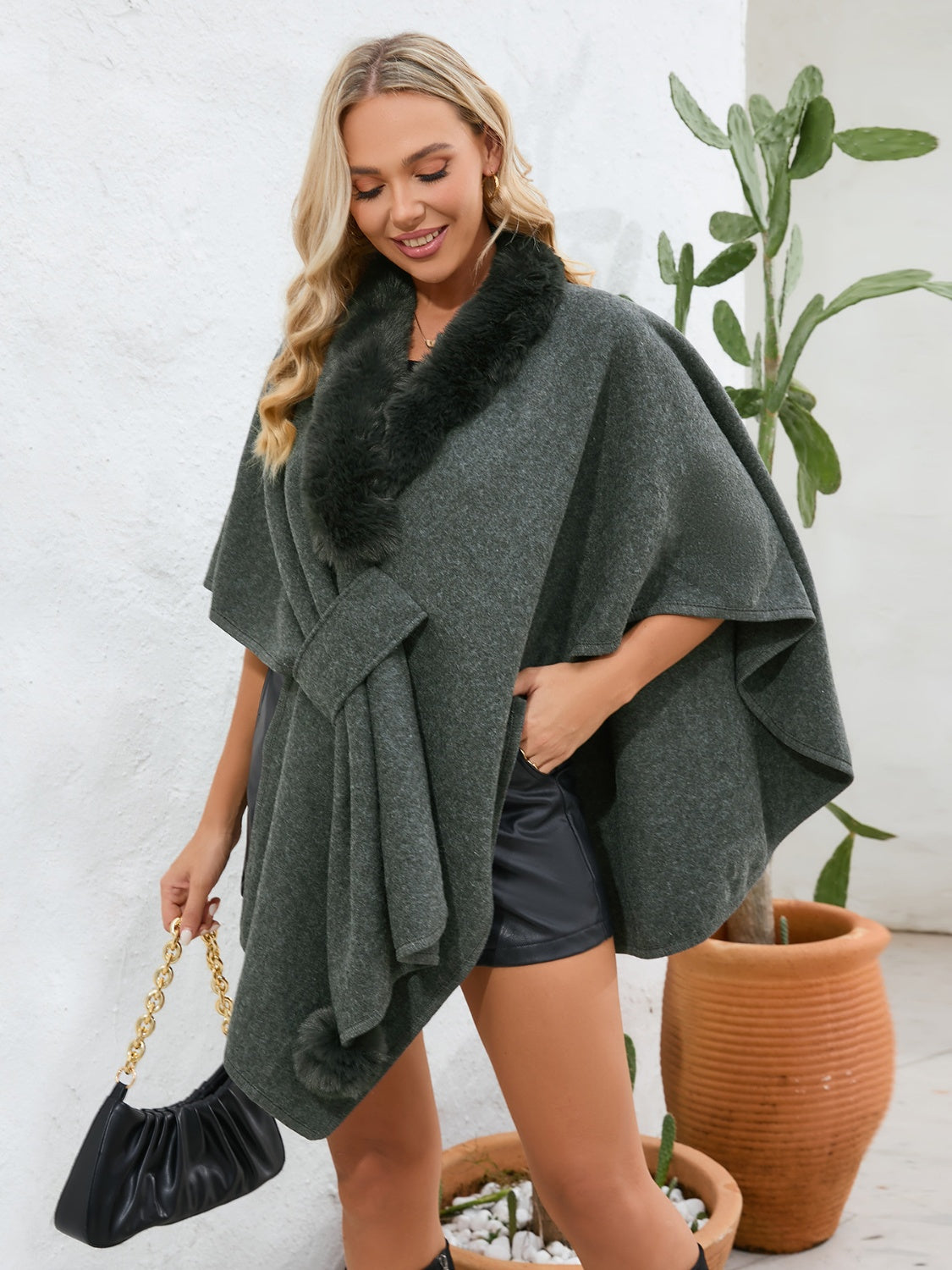 Fuzzy Trim Open Front Poncho-Angel Casuals