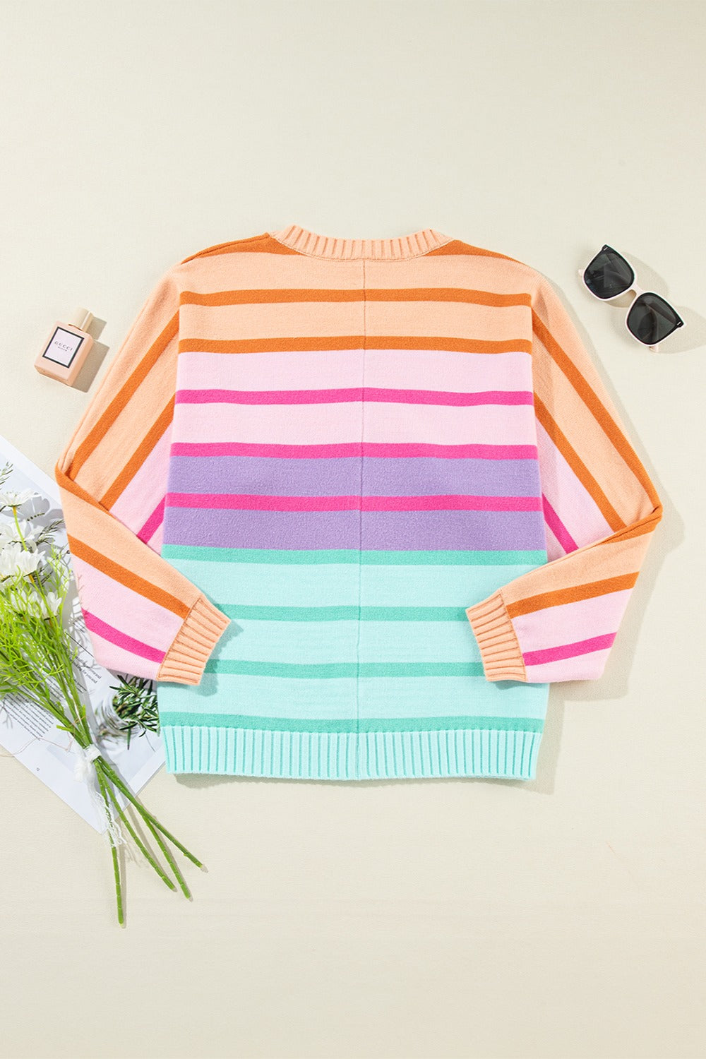 Contrast Striped Round Neck Long Sleeve Knit Top-Angel Casuals