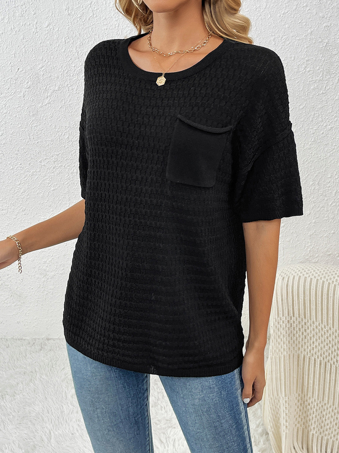 Round Neck Half Sleeve Knit Top-Angel Casuals