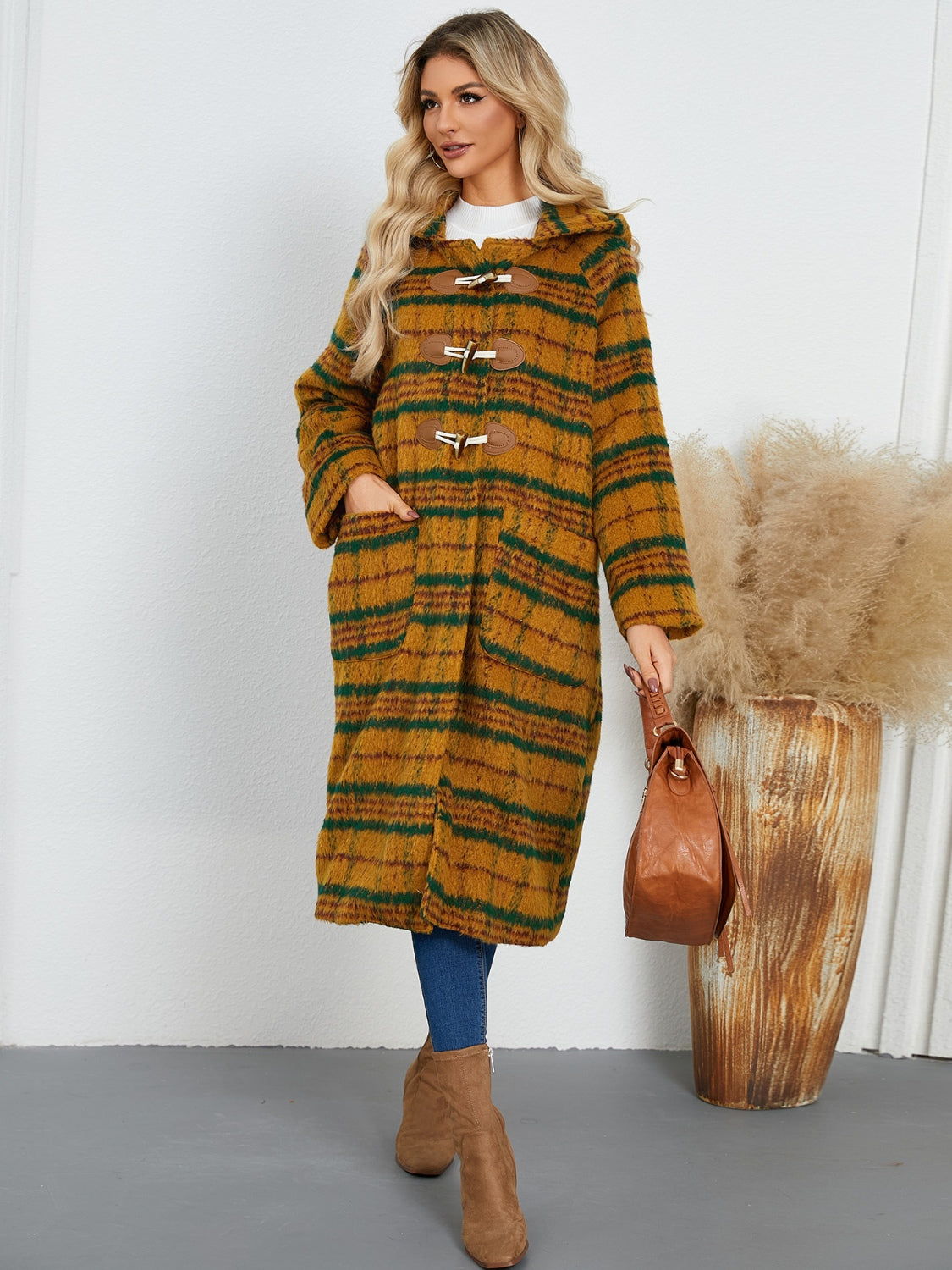 Plaid Long Sleeve Hooded Coat with Pockets-Angel Casuals
