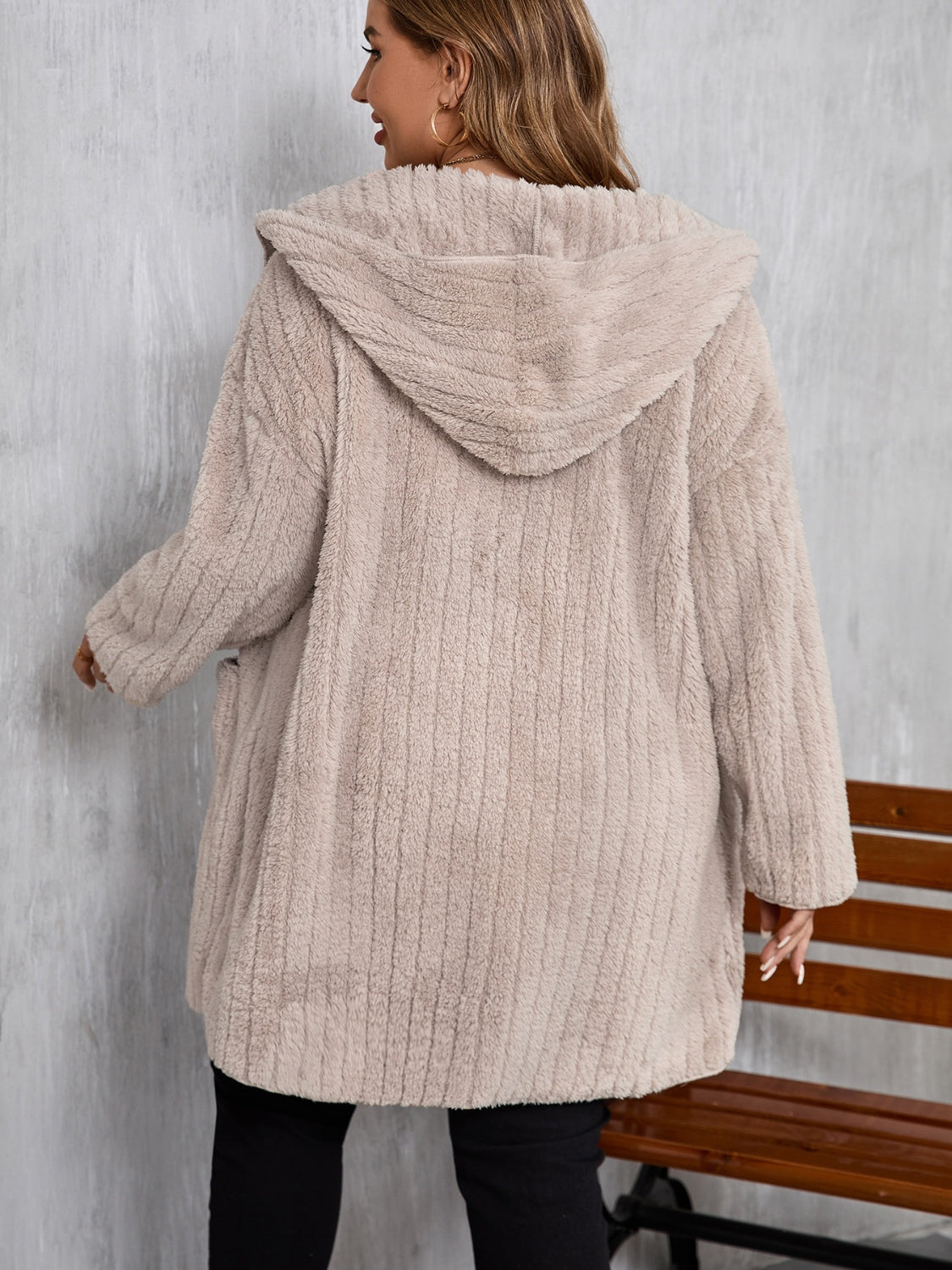 Plus Size Open Front Long Sleeve Hooded Fuzzy Jacket-Angel Casuals