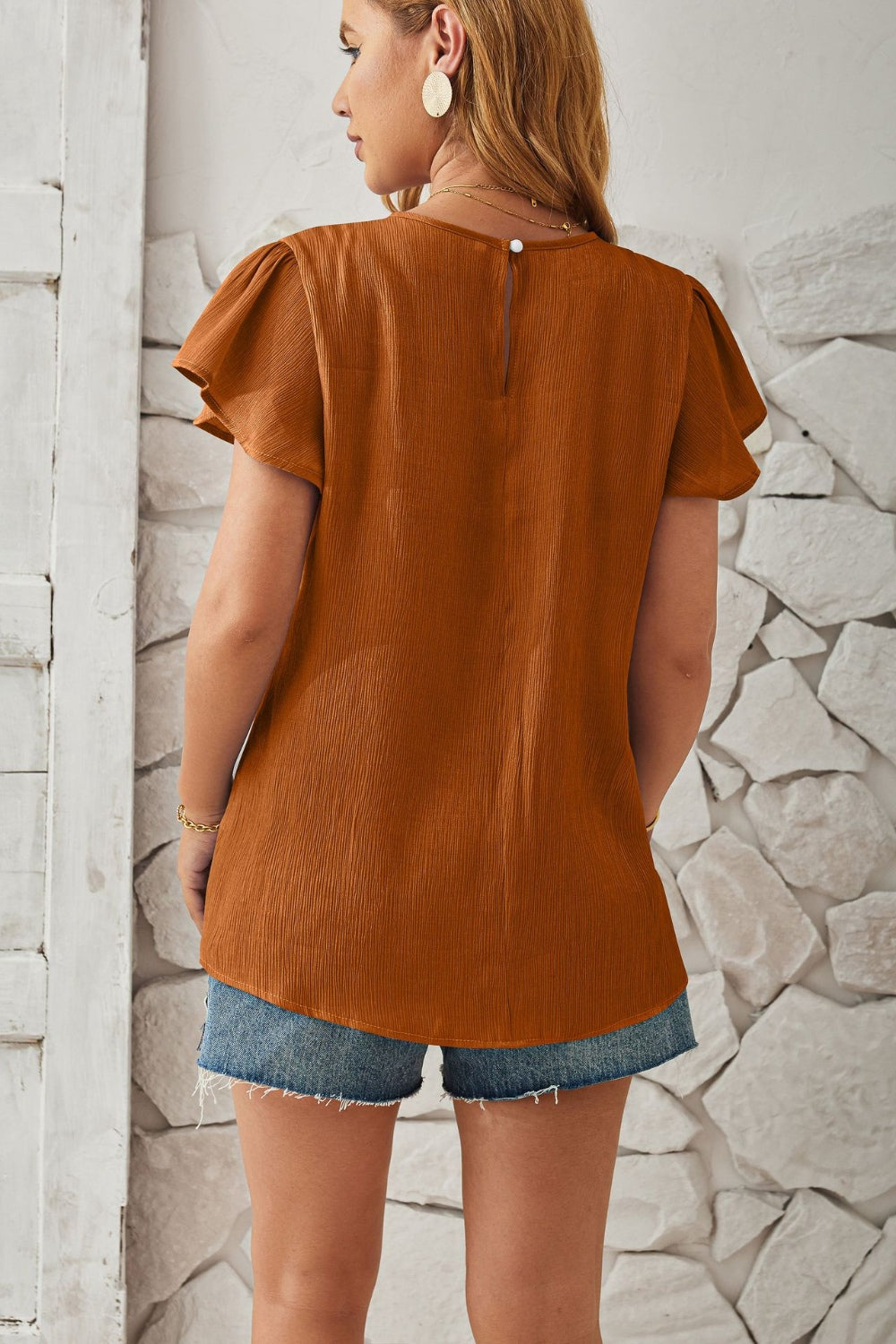 Round Neck Keyhole Cap Sleeve T-Shirt-Angel Casuals