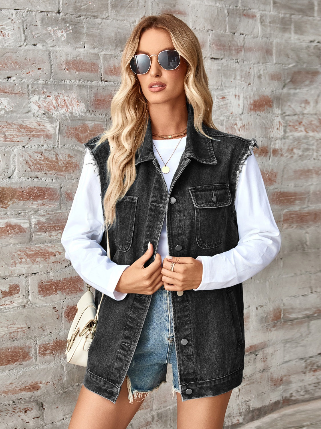 Raw Hem Sleeveless Button Up Denim Jacket-Angel Casuals