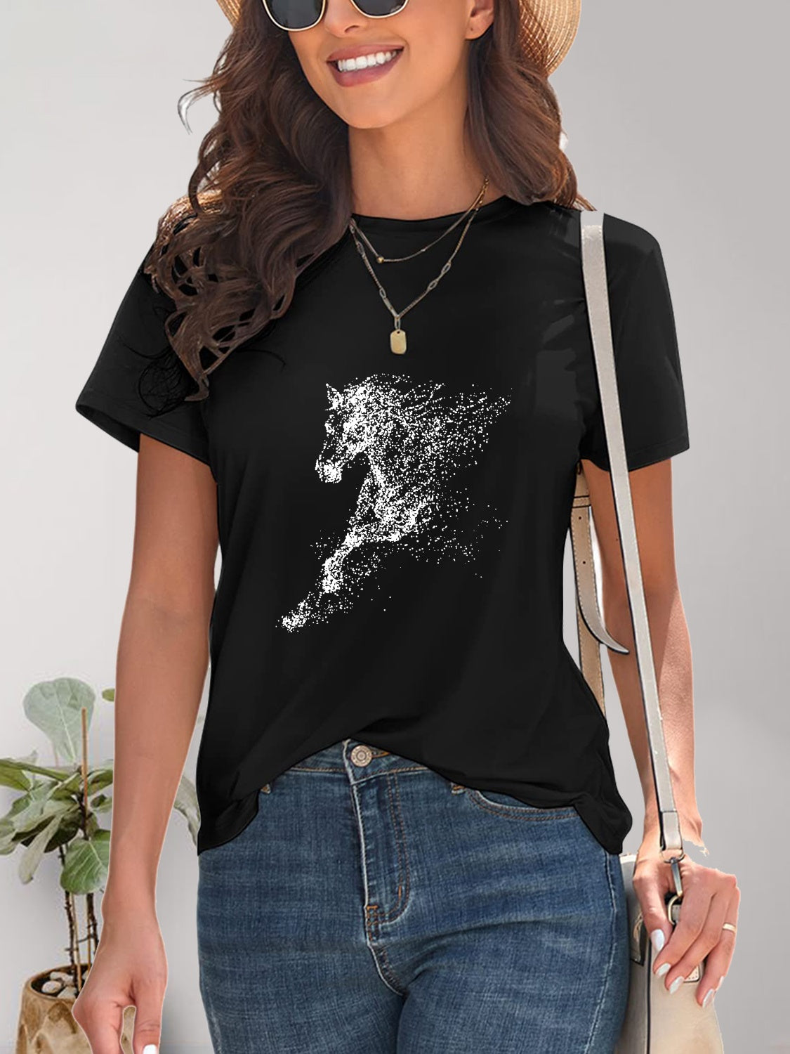 Horse Round Neck Short Sleeve T-Shirt-Angel Casuals