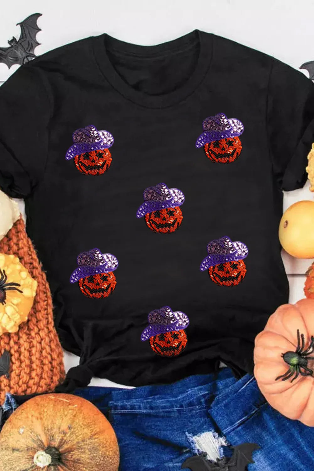 Sequin Pumpkin Round Neck Short Sleeve T-Shirt-Angel Casuals