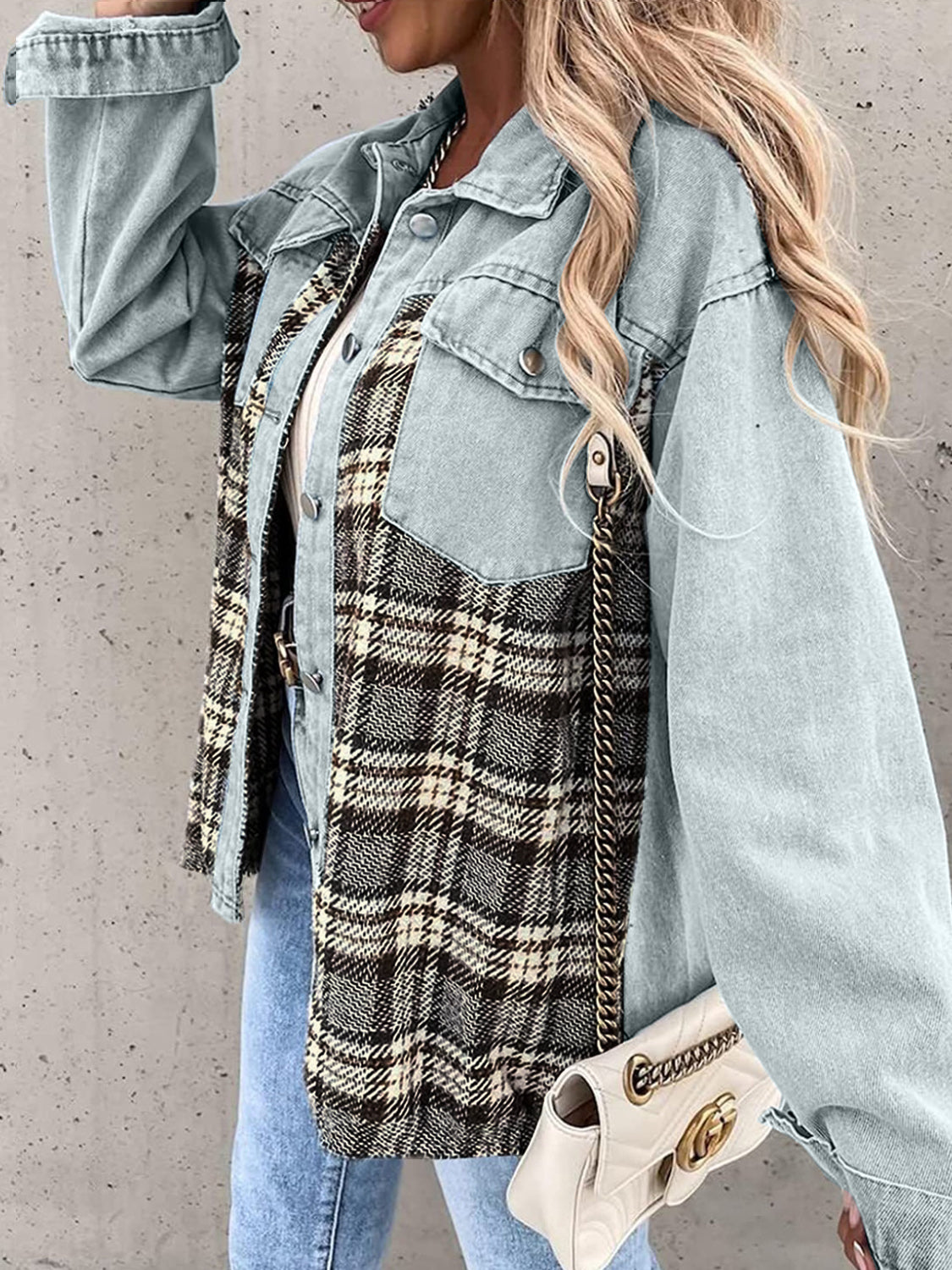 Plaid Button Up Dropped Shoulder Jacket-Angel Casuals