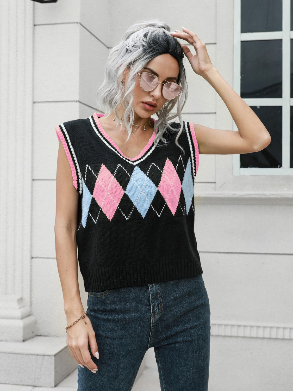 Geometric V-Neck Sweater Vest-Angel Casuals