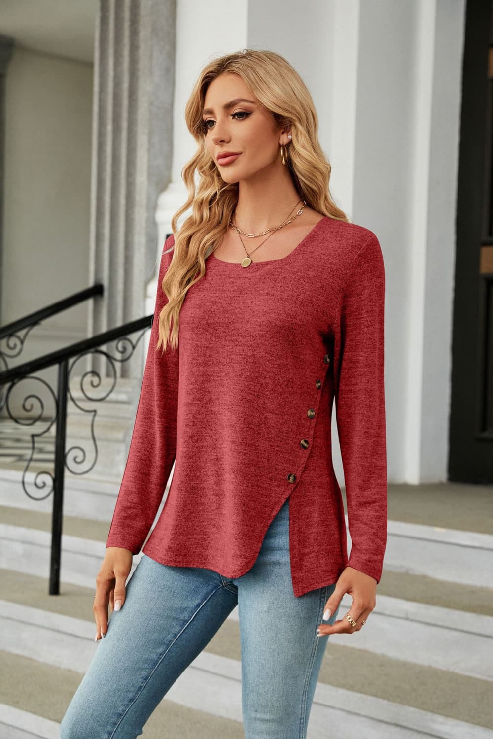 Square Neck Long Sleeve Slit T-Shirt-Angel Casuals